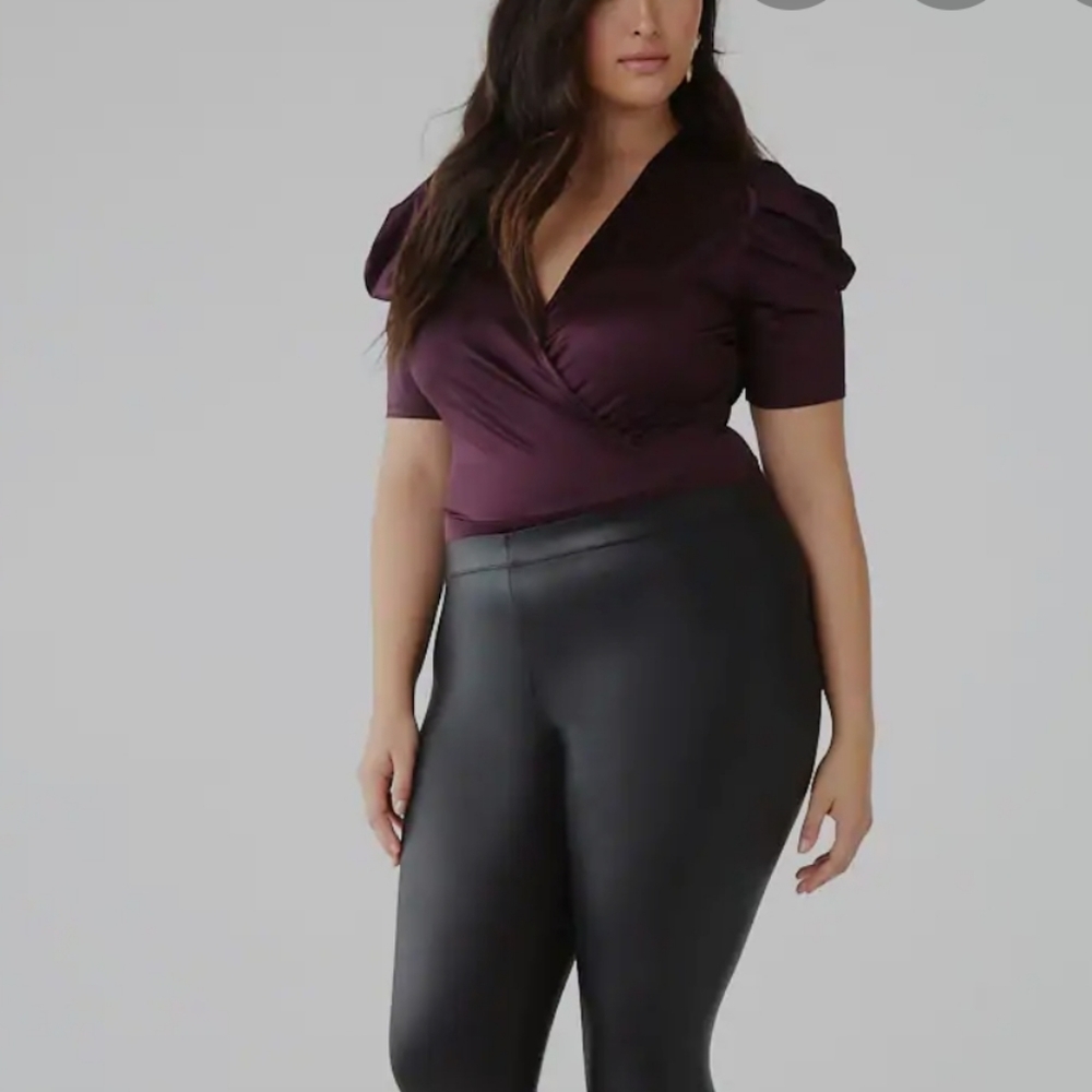 Plus Size Puff Sleeve Surplice Bodysuit